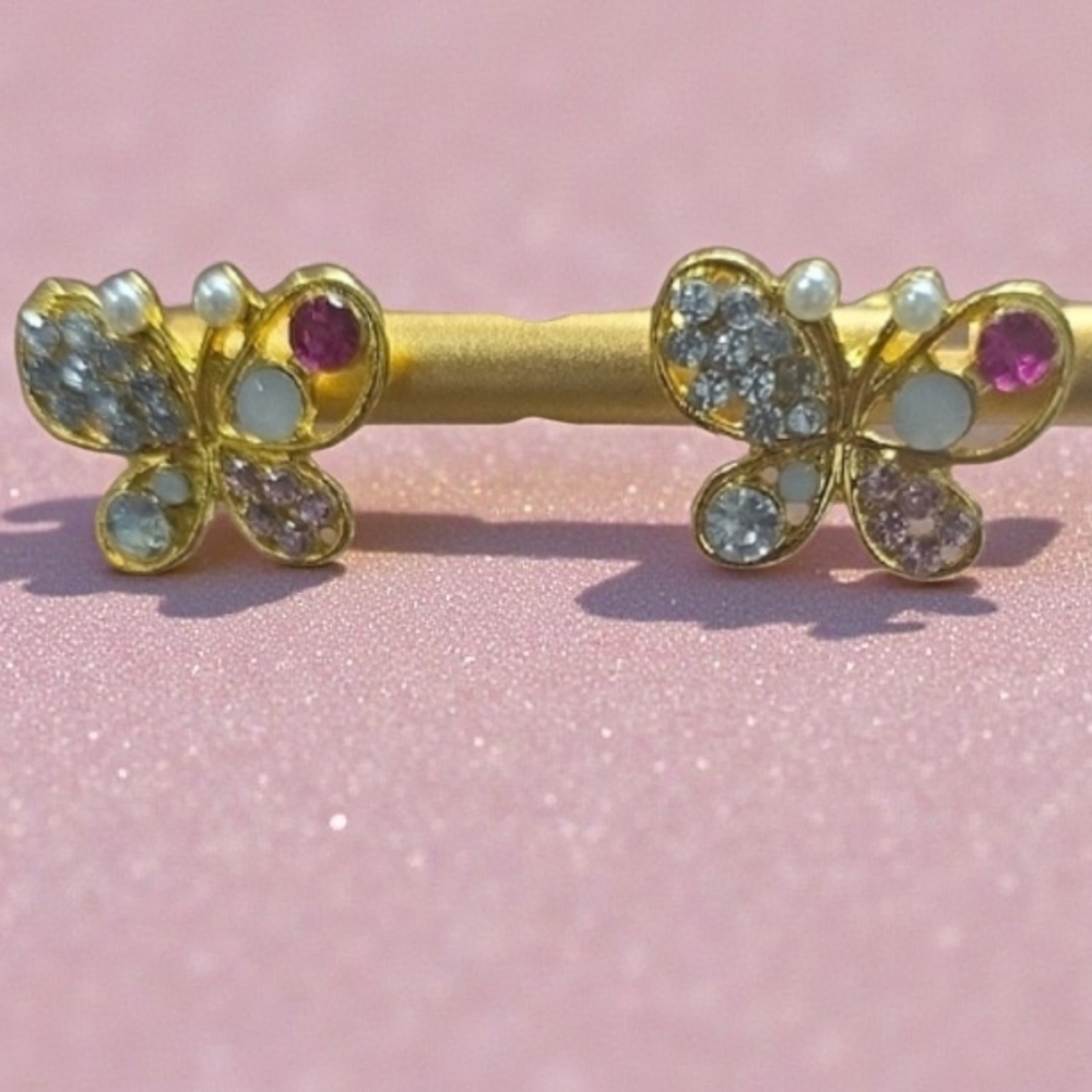 Piper K Gold Butterfly Earrings with Pink and White Accents
